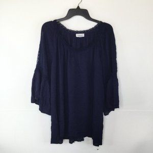 Westport Blouse Women Size 2X Navy Blue 3/4 Bell Sleeve Cold Shoulder Pullover